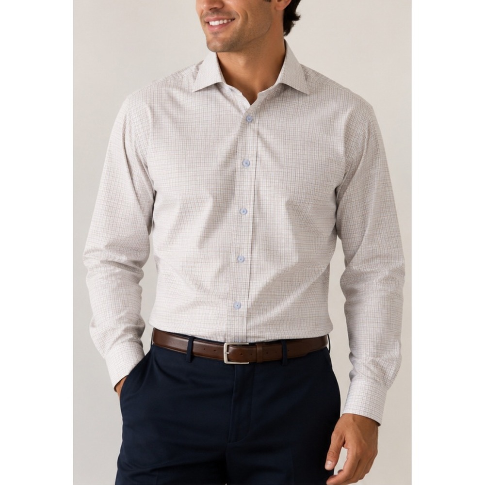 David Donahue Collection Men's 17.5 36/37 Dress Shirt Beige Blue Check Luxury